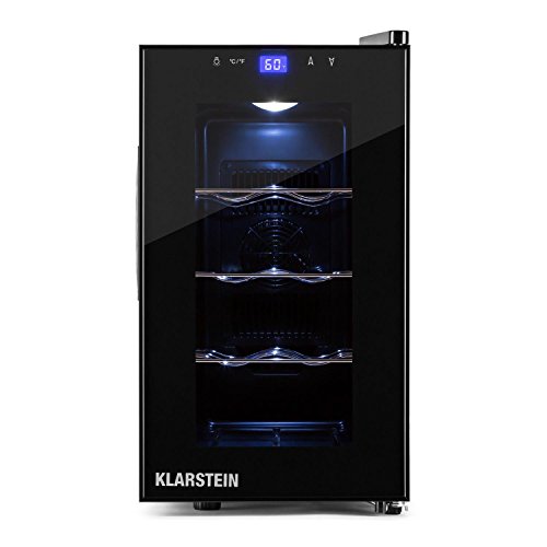 KLARSTEIN Reserva Piccola - Cantinetta, Minifrigo Vino, 3 Ripiani, 25 Litri, 8 Bottiglie, Sportello con Vetro a Specchio, Illuminazione Interna LED, Colore Nero