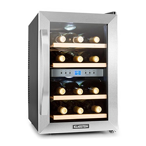 Klarstein Reserva - Frigorifero Per Vini e Bevande, 34 L, 12 Bottiglie, 4 Ripiani, Silenzioso, Range Di Temperature. 07° - 18° C, Display LCD, Illuminazione Interna a Led, Nero-Argento
